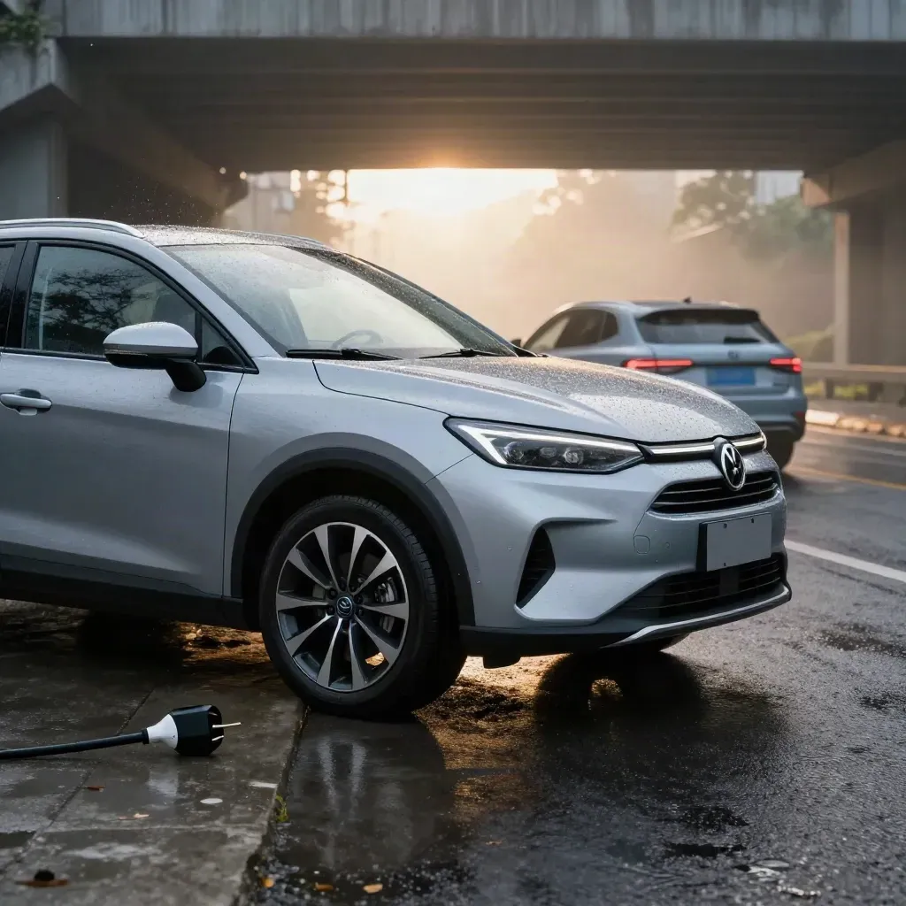 SUV argentato in sottopasso bagnato all’alba con cerchio in lega, fanale e hatchback sullo sfondo