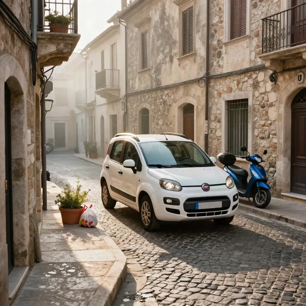 Fiat Panda bianca in un vicolo stretto, con borsa della spesa, fioriera e scooter sfocato.