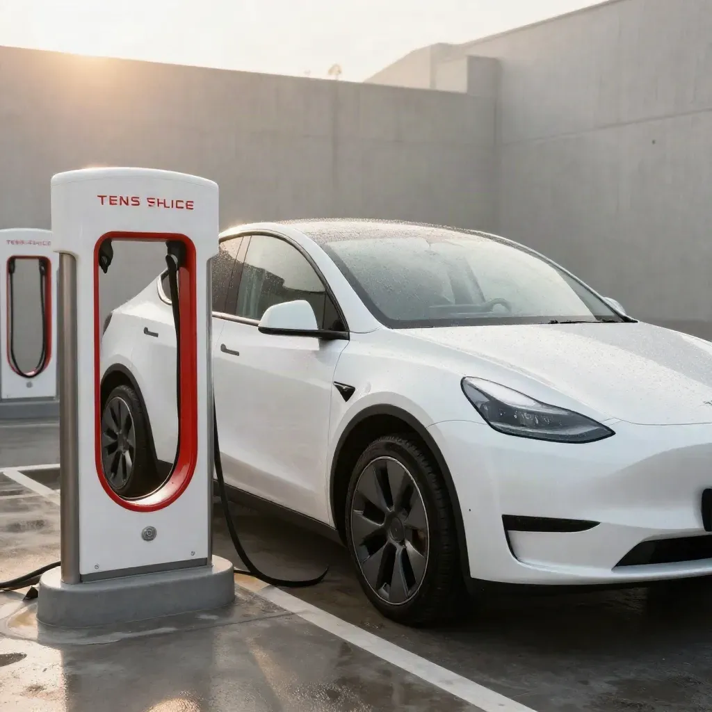 Tesla Model Y bianca in ricarica rapida sotto pioggia leggera, davanti a muro in cemento.
