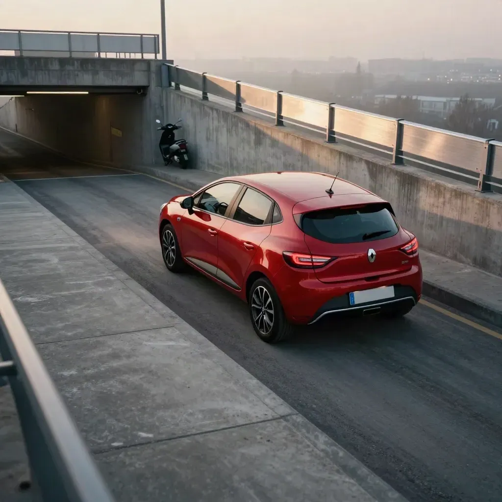 Renault Clio ibrida rossa che svolta verso l’alba dal garage sotterraneo, vista dall’alto.
