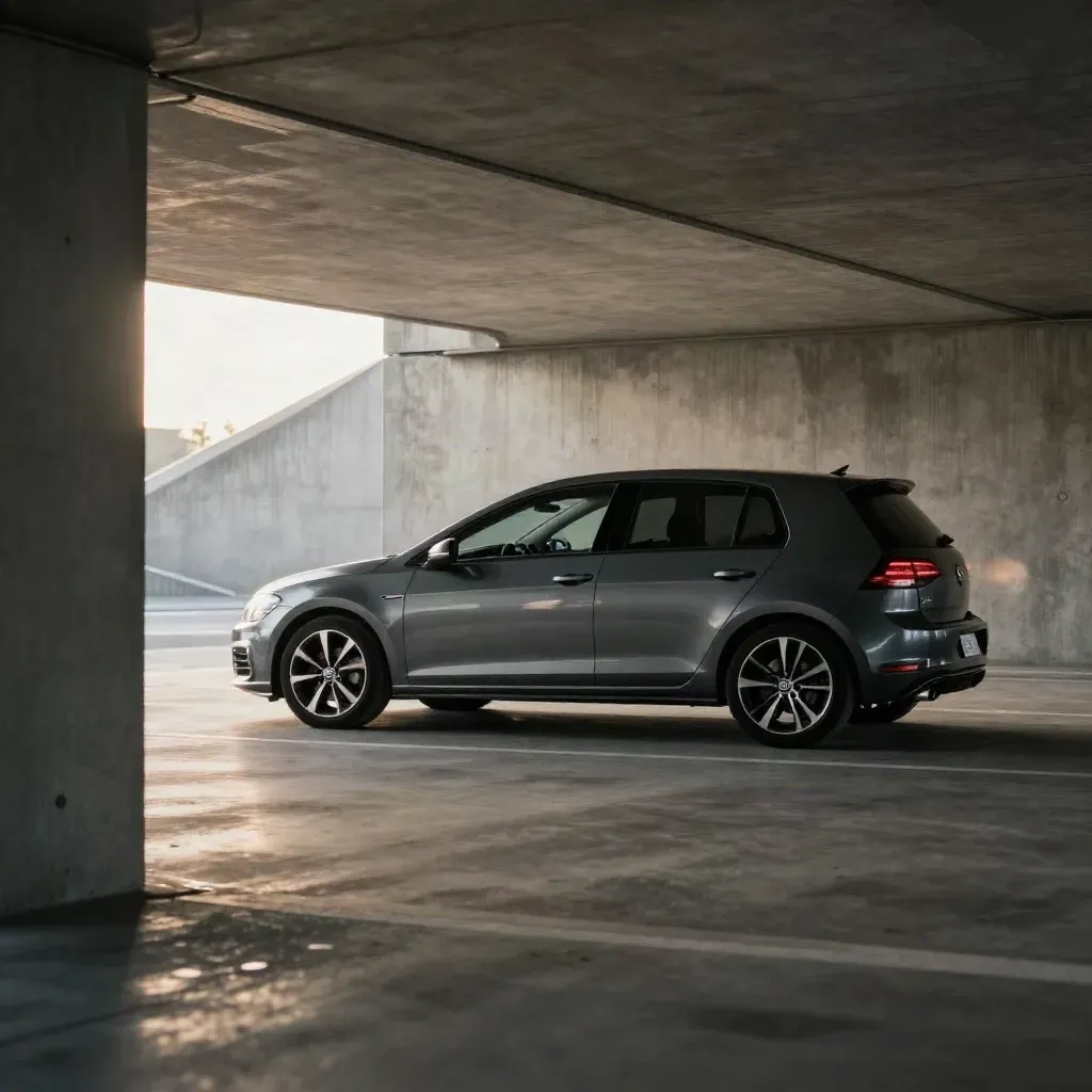 Volkswagen Golf grigio in un parcheggio in cemento, luce radente e atmosfera polverosa