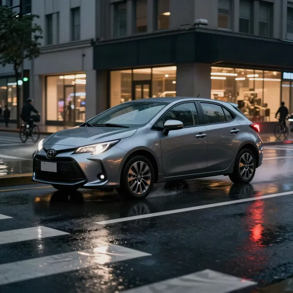 Toyota Yaris ibrida grigia attraversa una strada bagnata di notte con riflessi di negozi.