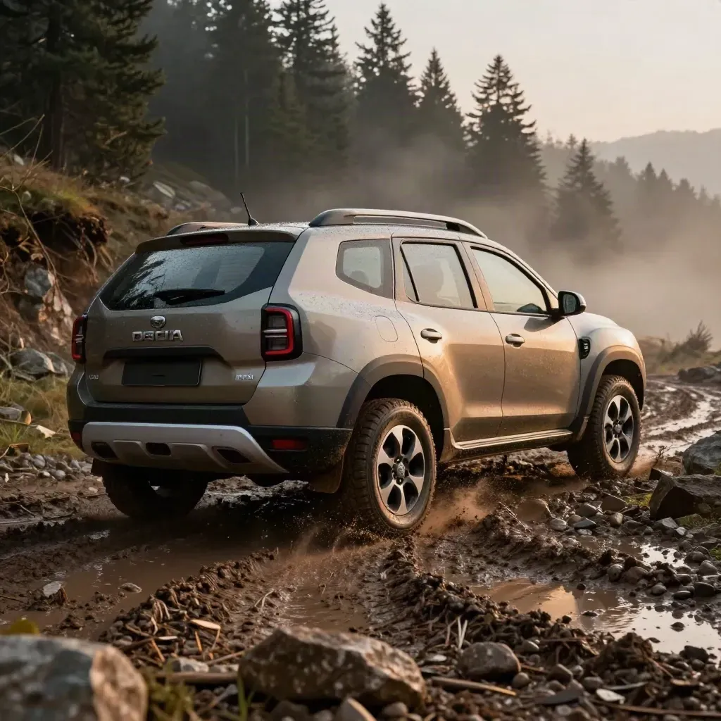 Un SUV Dacia Duster sale una curva fangosa in montagna dopo la pioggia, con luce calda e spruzzi di fango.