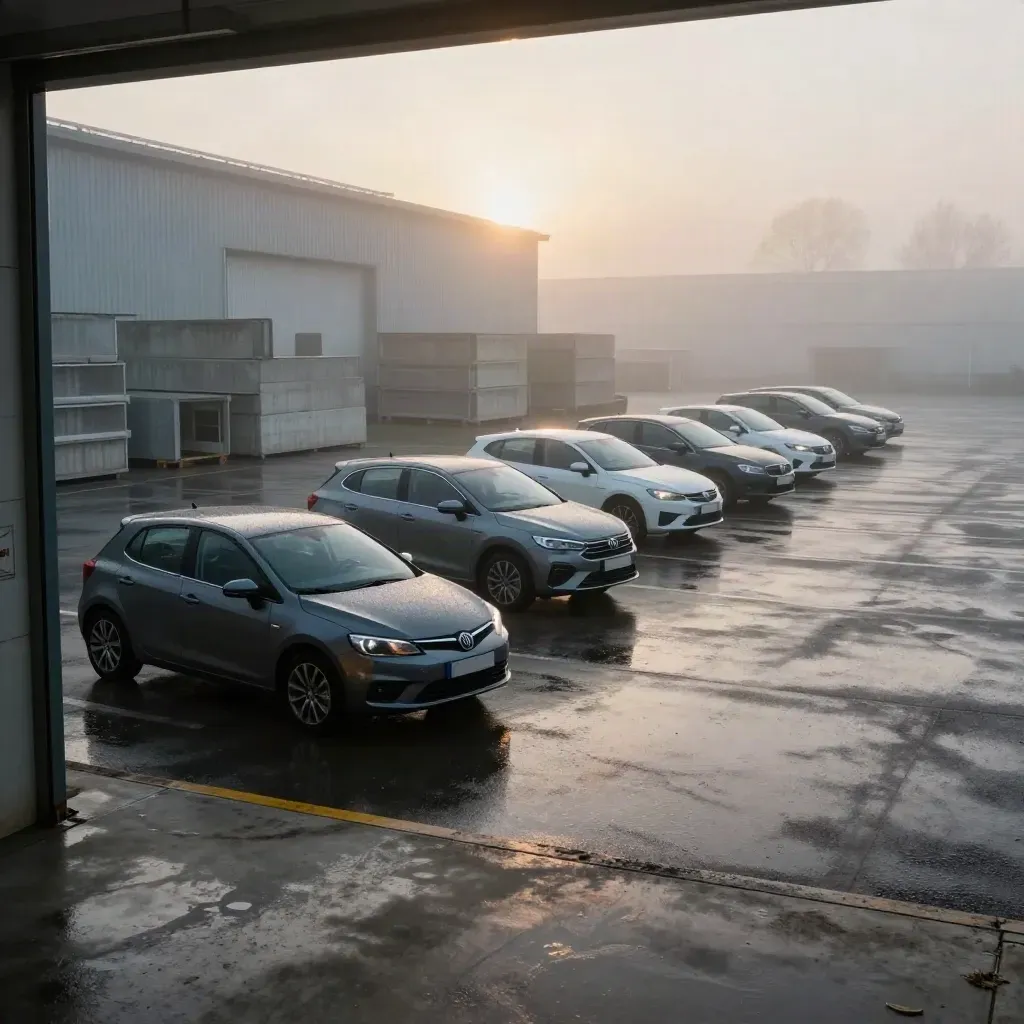 Auto italiane emergono nella nebbia in un piazzale industriale all’alba.