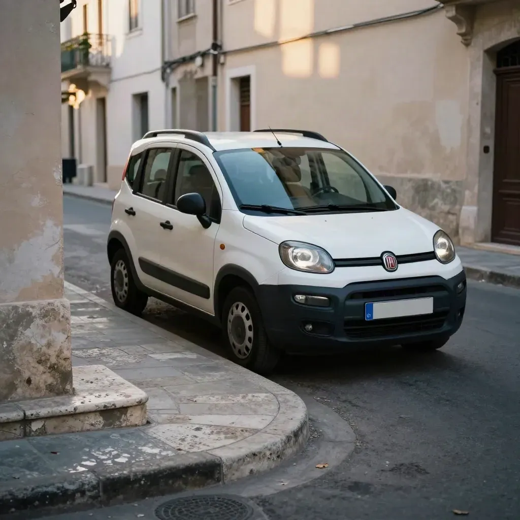 Fiat Panda bianca tra gradini in pietra e un angolo di strada storica, vista bassa di tre quarti