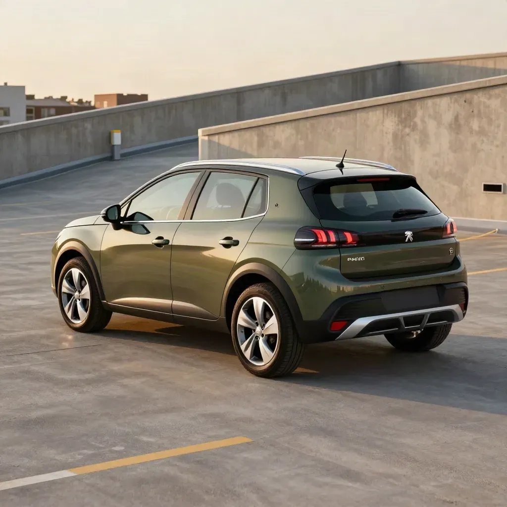 Peugeot 2008 in curva su parcheggio in quota, luce calda e tetti cittadini sullo sfondo.