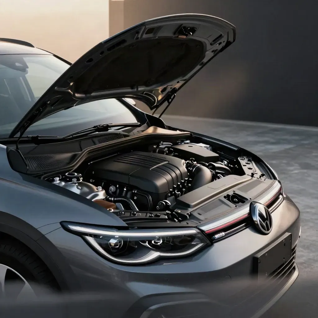Vano motore aperto di una hatchback moderna, visto dall’alto in tre quarti, con luce radente e lieve foschia.