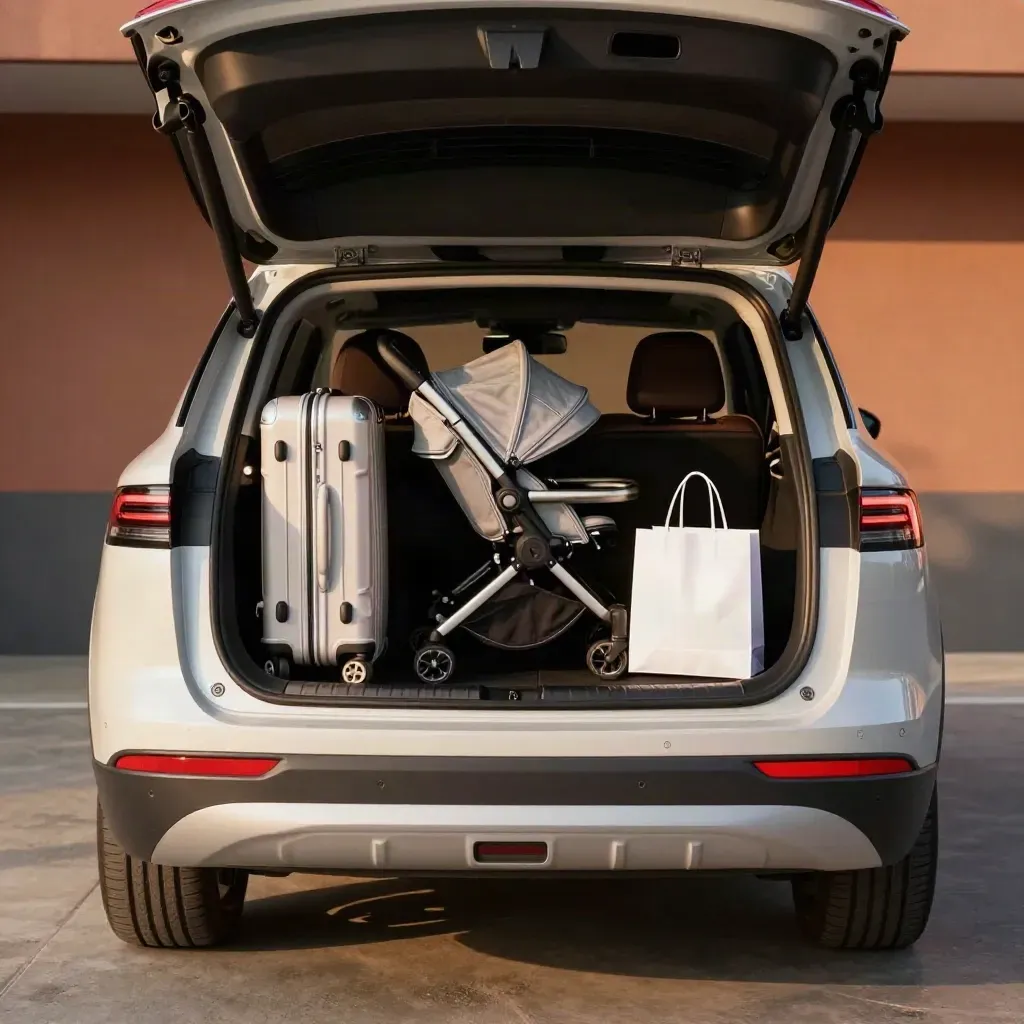 SUV familiare con portellone aperto, valigie morbide e passeggino nel bagagliaio, luce cinematografica.