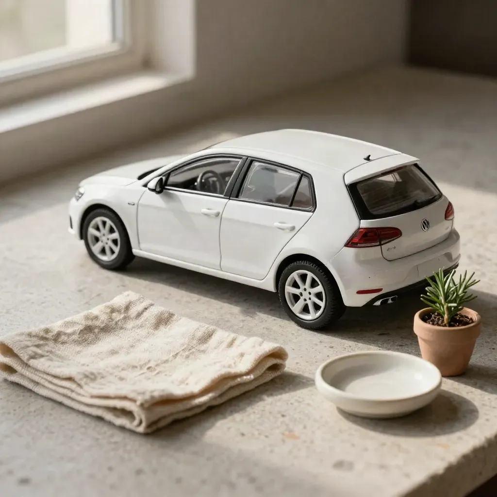 Mini city car bianca con lino, rosmarino e ciotola in ceramica su pietra