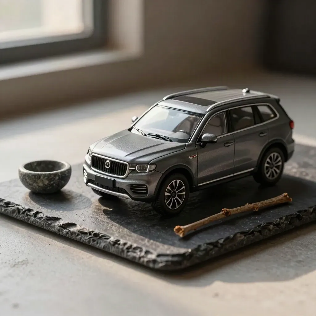 SUV familiare in miniatura su vassoio di pietra con pelle, ciotola e rametto.